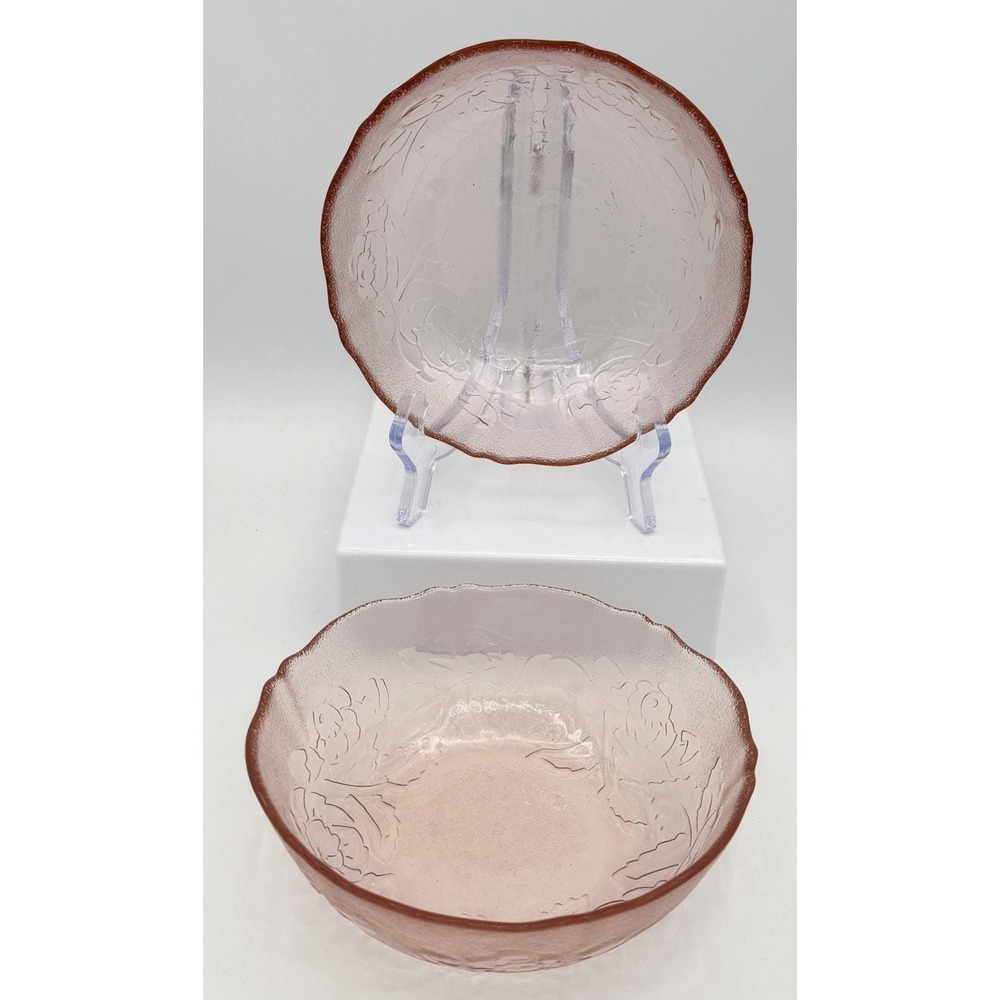 2 Arcoroc France Rosaline Rosa Pink Glass Bowls 6" Cereal Salad Roses EUC